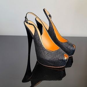 Giuseppe Zanotti Black Textured Peep-Toe Slingback Heels with Orange Lining
